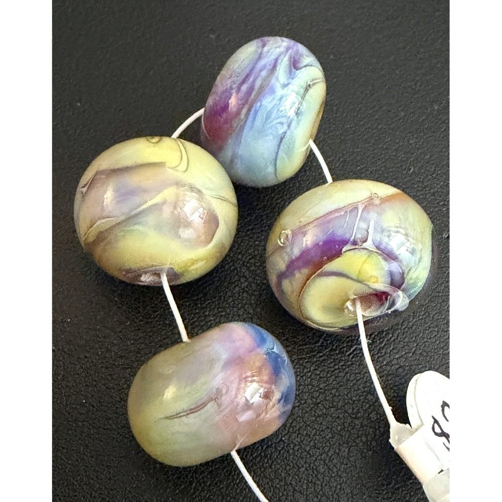 Lampwork Glass Beads Purple Blue Yellow Swirl Artisan Organic Rondelle 4pc